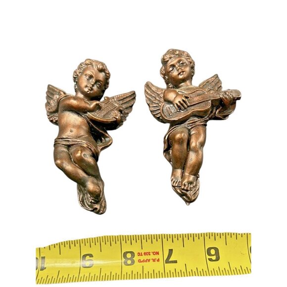 Vintage Angel Cherub Wall Hanging Plaque Pair 2 Gold Chalk ware Instruments 5" - Picture 9 of 10